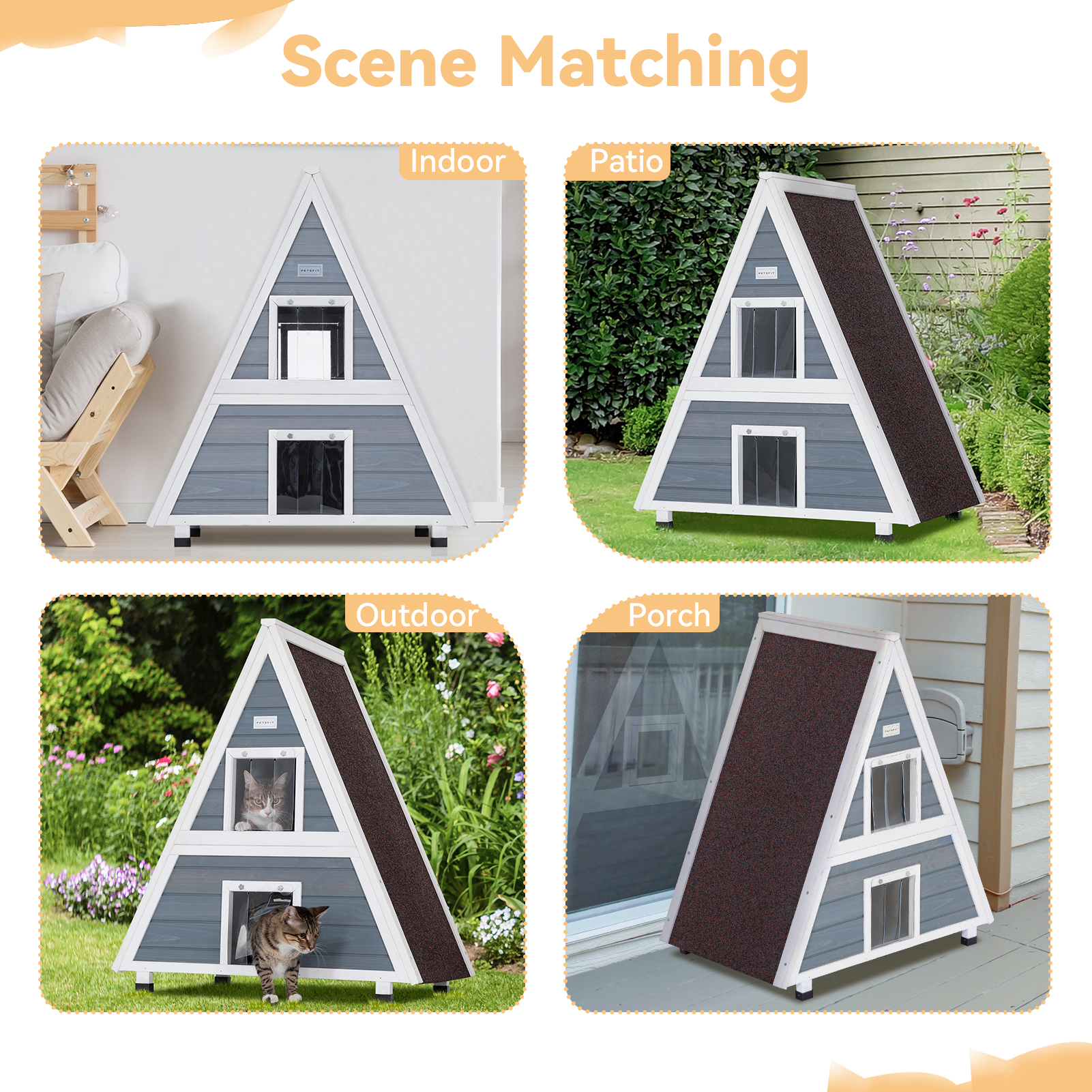 PETSFIT Weatherproof Outdoor Cat House  ，Two Level Outside Feral Cat House with Escape Door for Small Animal，31" Lx20 W x36 H，Grey