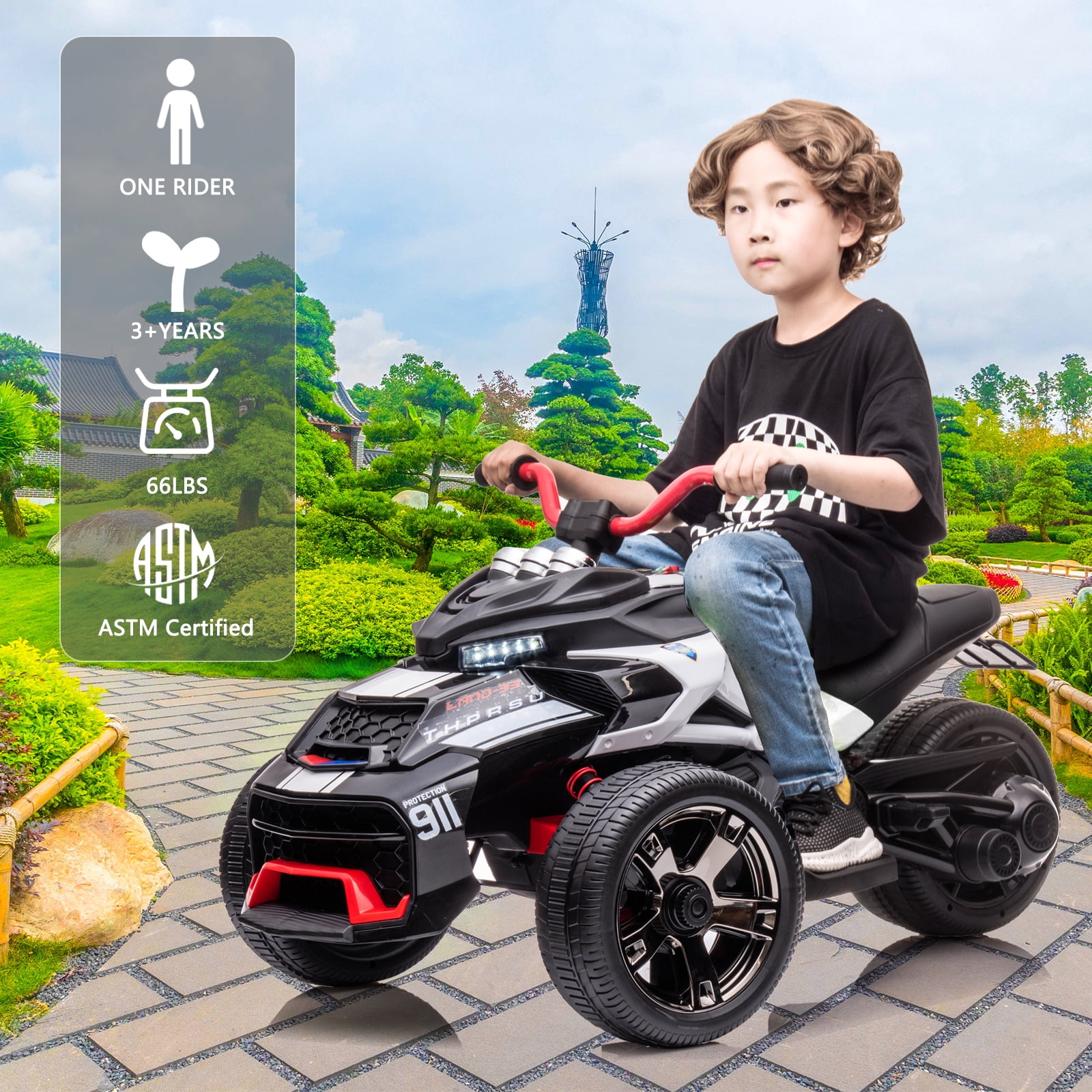 LUIBAS 24V Kids ATV Ride On Motorcycle Electric 3 Wheeler Ride-On Electric ATV Kids Ride On Toys for Kids with Battery Powered Motor, EVA Wheels, w/LED Lights, Bluetooth, MP3 for 3+ Years, Black
