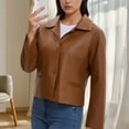 thumbnail image 6 of GigrtiJin Women's Leather Cropped Jacket Solid Color Turndown Collar Button Down Long Sleeve Outcoat Trendy Vintage Outwear, 6 of 7
