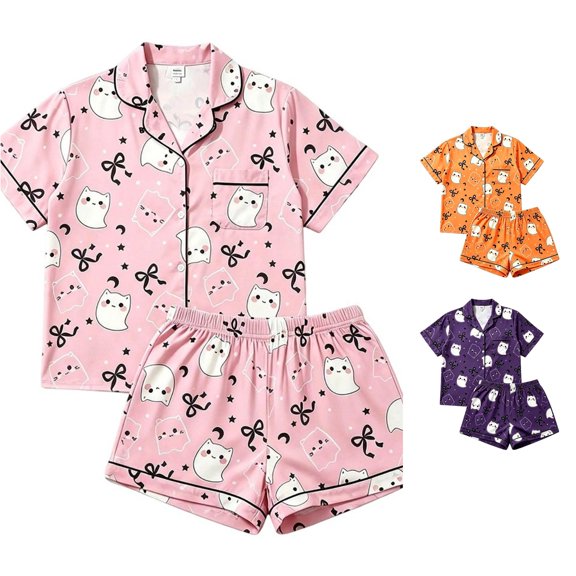 Gunia Womens Halloween Pajama Set Ghost Graphic 2 Piece Cozy Short Sleeve Button Up Tops With Shorts Home Leisure Wear Pjs Jammies Pink S