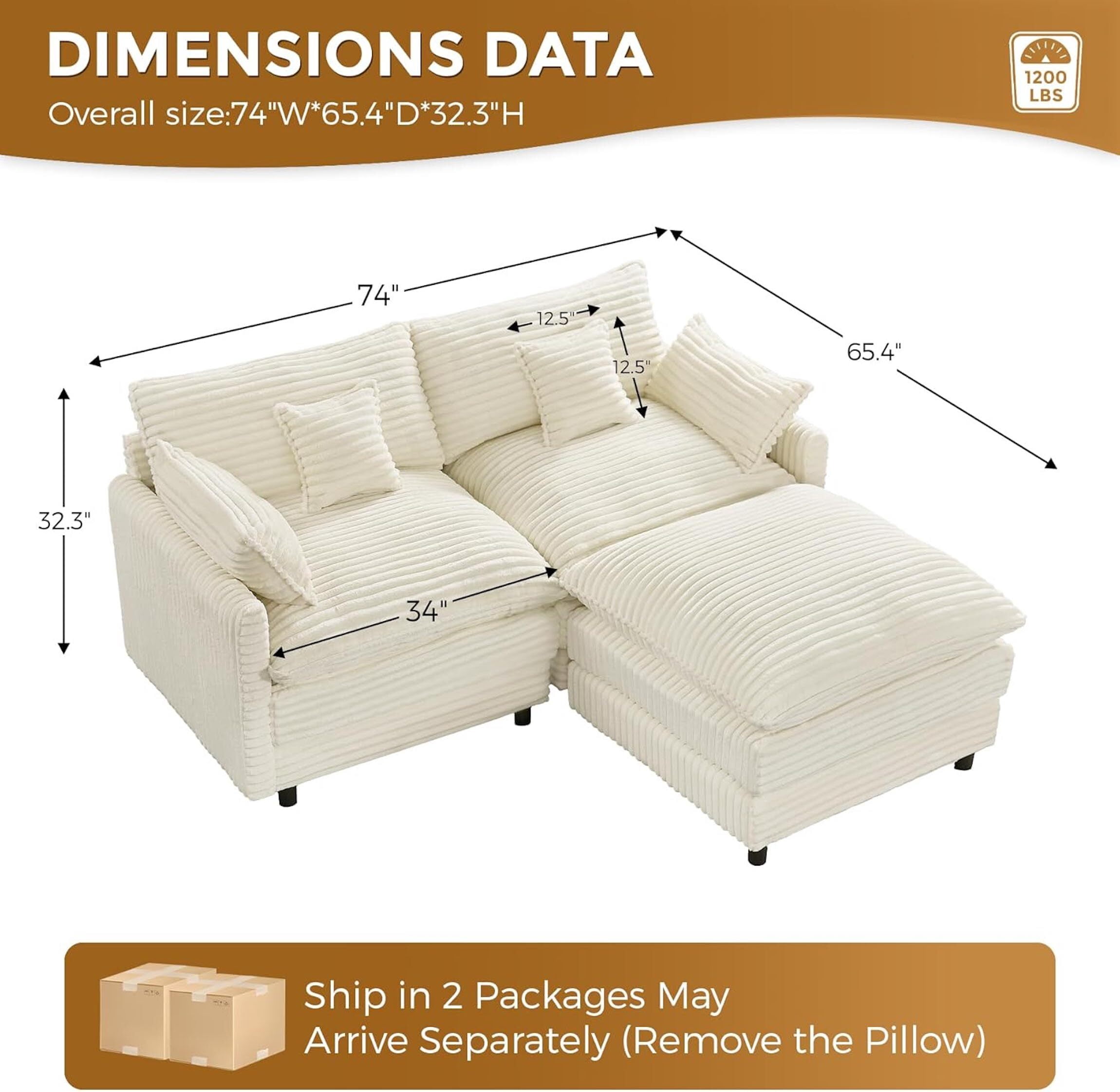 Aisword 74" L Shaped Modular Cloud Couch Sectional with Ottoman, 3 Seat Cloud Couch for Living Room, Beige