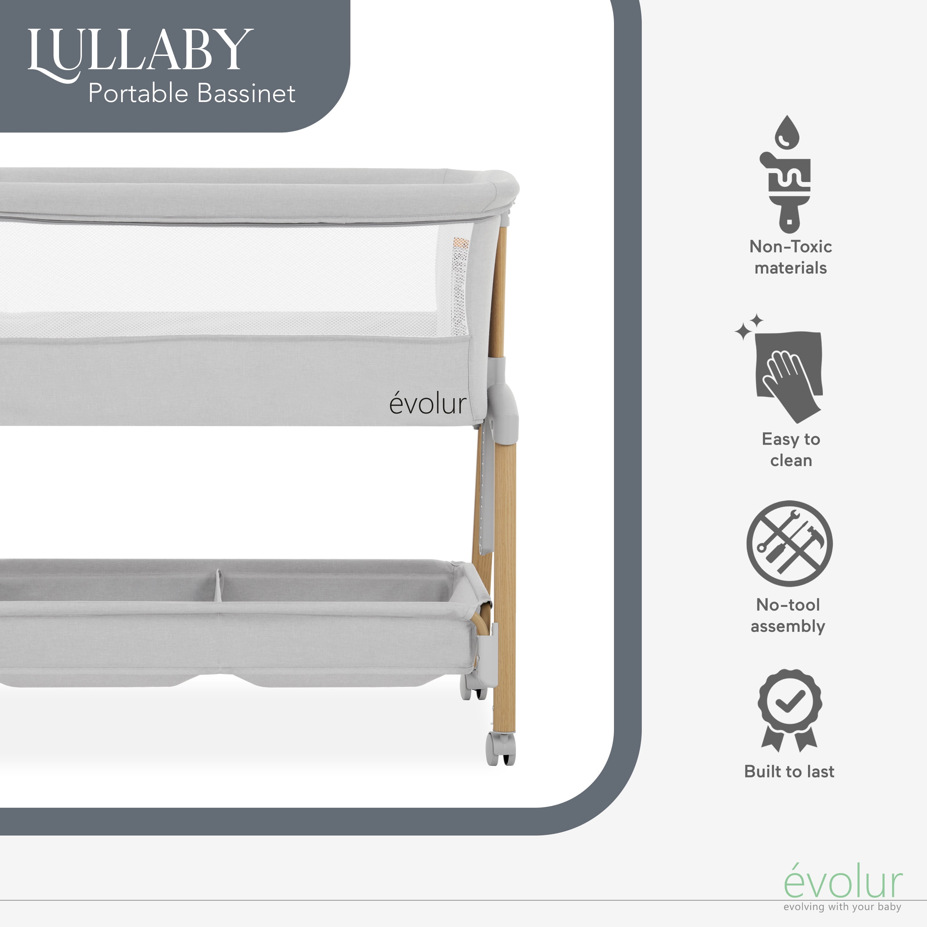 Evolur Lullaby Portable Bassinet With Wheels, Light Gray
