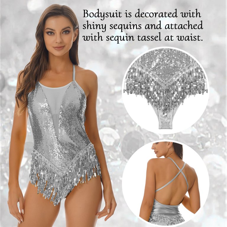 iiniim Sparkly Sequin Bodysuit for Women Fringe Top Latin Dance Leotard  Gymnastics Dancewear