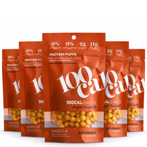 100 Cal Snacks Protein Puffs BBQ, High Protein Low Carb Snack, Gut Healthy, Gluten Free, 0.84 oz bag, 5 bags
