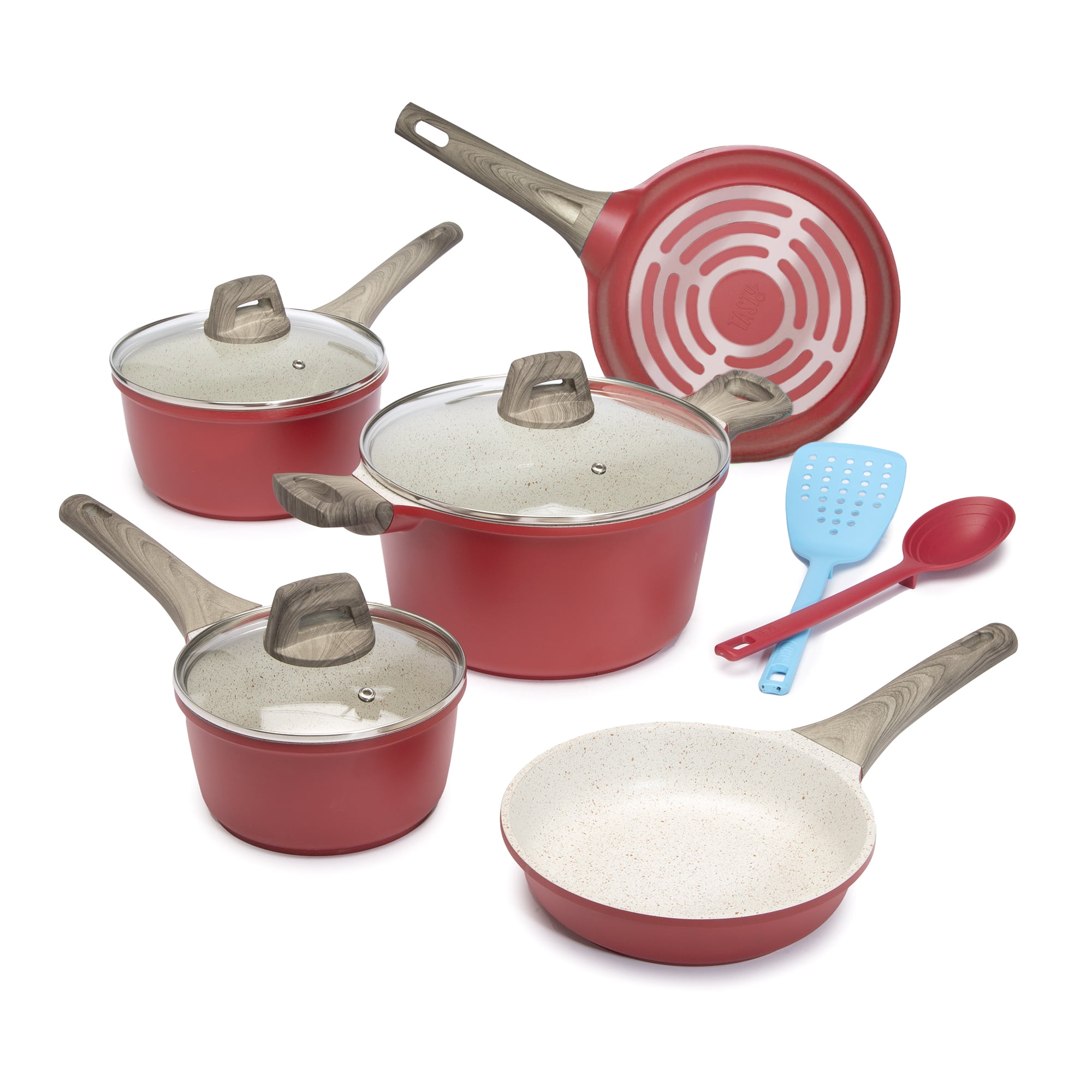 Tasty Cast Aluminum Cookware Set with Smart Heat Base, Dishwasher Safe, Red, 10 Piece - Walmart