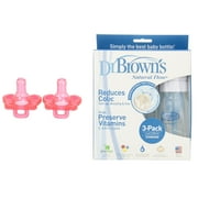Dr. Browns Pacifiers, Silicone, Same Shape As Bottle Nipple, 0M+, Pink, 2 Count + Natural Flow Standard Neck Bottle, 4 oz - 3-Pack + Eyebrow Ruler