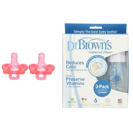 Dr. Browns Pacifiers, Silicone, Same Shape As Bottle Nipple, 0M+, Pink, 2 Count + Natural Flow Standard Neck Bottle, 4 oz - 3-Pack + Eyebrow Ruler