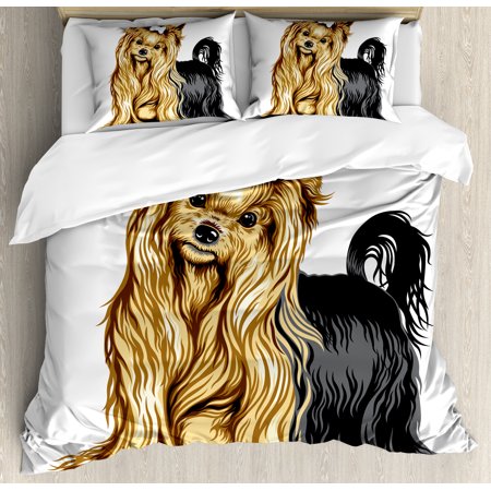 Yorkie Queen Size Duvet Cover Set Realistic Drawing Long Haired