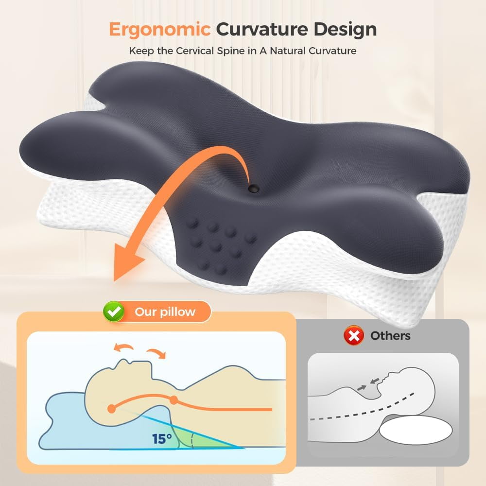 Cervical Neck Pillow for Neck Pain Relief,Contour Memory Foam Neck Support Pillow for Sleeping,Ergonomic Side Sleeper Pillow,Bed Pillows for Shoulder Pain for Back and Stomach Sleepers