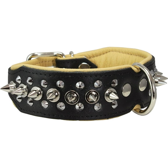 Dogs My love Spiked Studded Genuine Leather Dog Collar 1.75" Wide (12"-14.5" Neck; 1.75" Wide, Black/Beige)