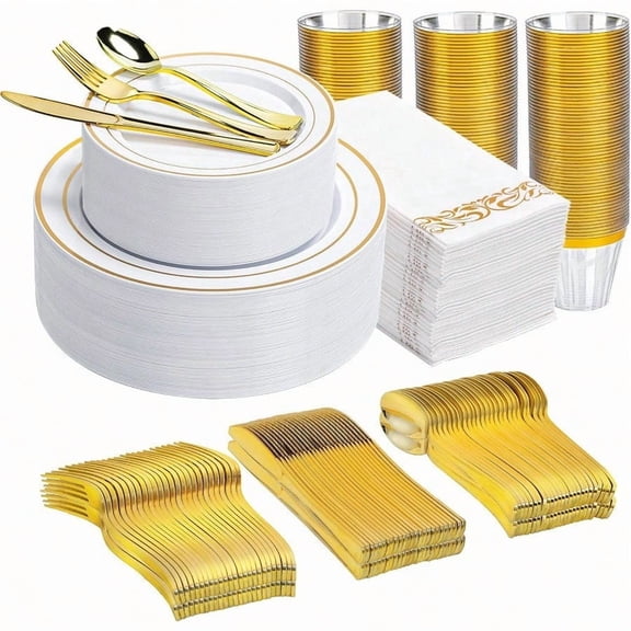700PCS Gold Disposable Dinnerware Set for 100 Guests White Plastic Plates with Gold Rim Include 100 Dinner Dert Plates Plastic Sierware Set Cups Napkins for Party and Wedding