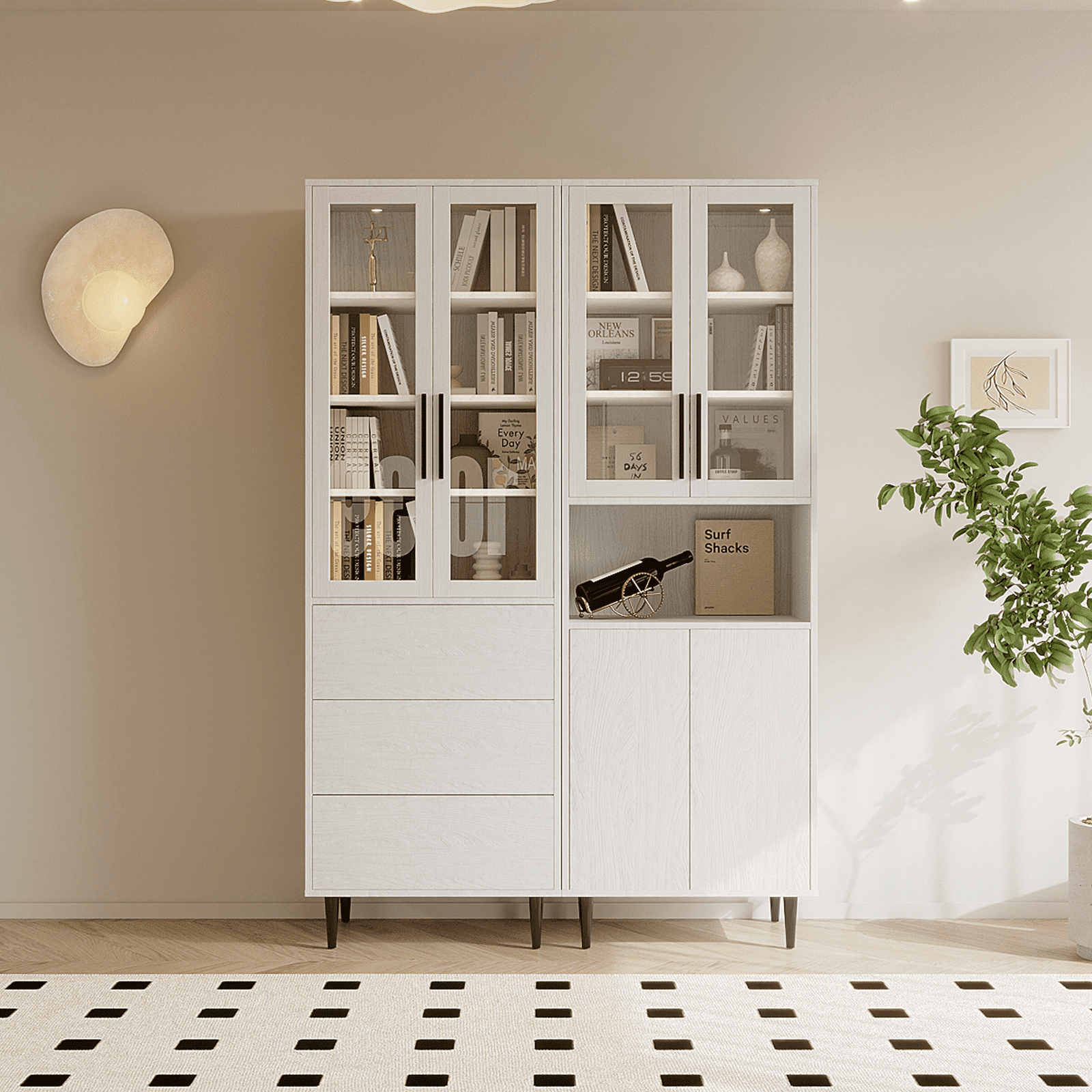 RichYa 71"H Tall Bookcase with Glass Door,4 Doors Display Bookshelf with Metal Legs,6 Tier Storage Cabinets for Living Room,Home Office,White