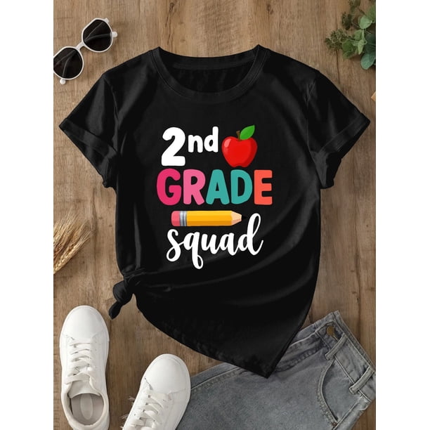 Camiseta de verano fresca para la vuelta al cole, moderna, para niña de 2.º grado, con estampado de letras de Apple Pencil, cuello redondo y manga corta, para niños, versátil, de algodón, informal, d