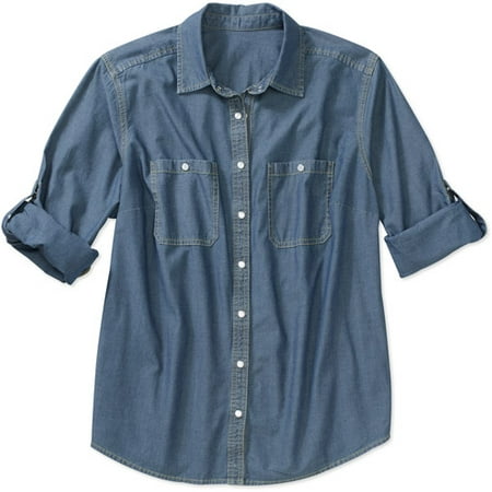 Women's Plus-Size Chambray Shirt with Rolled-Cuff Sleeves - Walmart.com