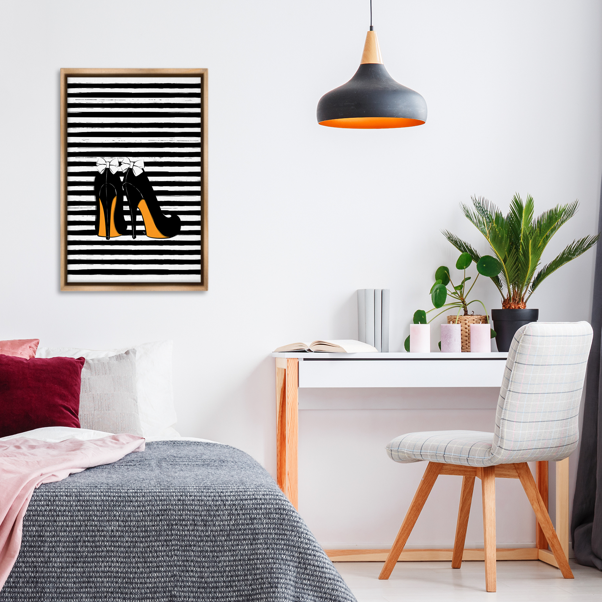 Stupell Industries Bow Heels on Stripes Beauty & Fashion Painting Brown Floater Framed Art Print Wall Art, 21 x 31