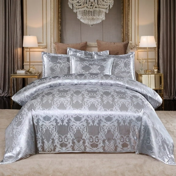 3-Piece Silver Jacquard Bedding Set(Duvet Cover 2 Pillowcases)Luxurious Satin Finish, European Pattern, Machine Washable, All-Season