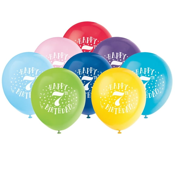 Unique Industries Latex 16" Multi-color Graphic Prints Happy 7th Birthday Balloons, 8 Count