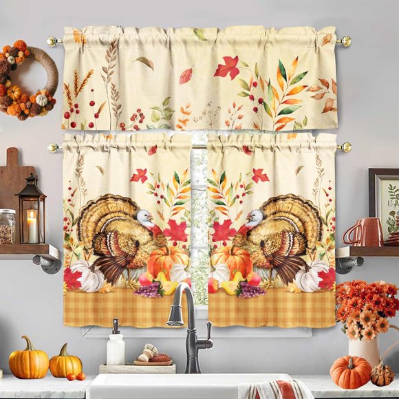 Thanksgiving Kitchen Curtains and Valance Set of 3, Rustic Turkey Pumpkin Kitchen Window Tier Curtains Farmhouse Window Valances Rod Pocket Panels for Thanksgiving Home Decor