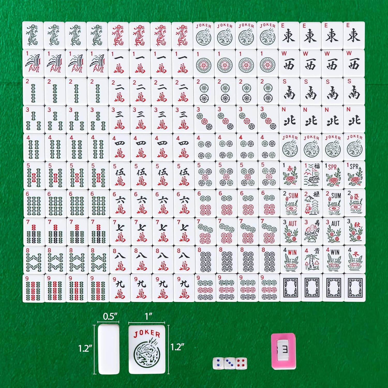 Full Size Mah Jongg Set 166 Premium Tiles, 4 Multi-Color Rack/Pushers, Travel-Friendly Red Bag, Ideal for American Mahjong & Chinese Mahjong