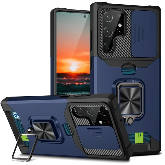 Samsung S22 Ultra Case with Sliding Camera Cover Heavy Duty Protective Galaxy S22 Ultra Case with Card Holder Magnetic Kickstand Case  Samsung S22 Ultra 5G 6.8 inch - Navyblue