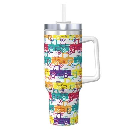 

Fuzoiu Colorful Car Print 40OZ Ice Bully Stainless Steel Insulated Cup with Handle and Straw - Perfect for Travel and Sports