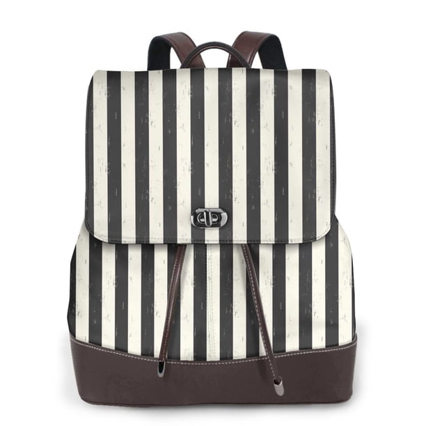 Balery Black And White Thick Stripes Mochila de Cuero para Mujeres, Gran Capacidad, Bolsa de Viaje Multifuncional, Mochila de Cuero y Bolsa de Hombro para Mujeres