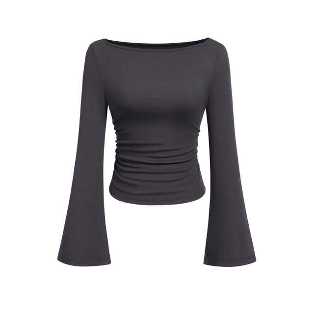 Camiseta PRETTYGARDEN Otoño 2025 Crop Top de Manga Campana en Gris Oscuro M