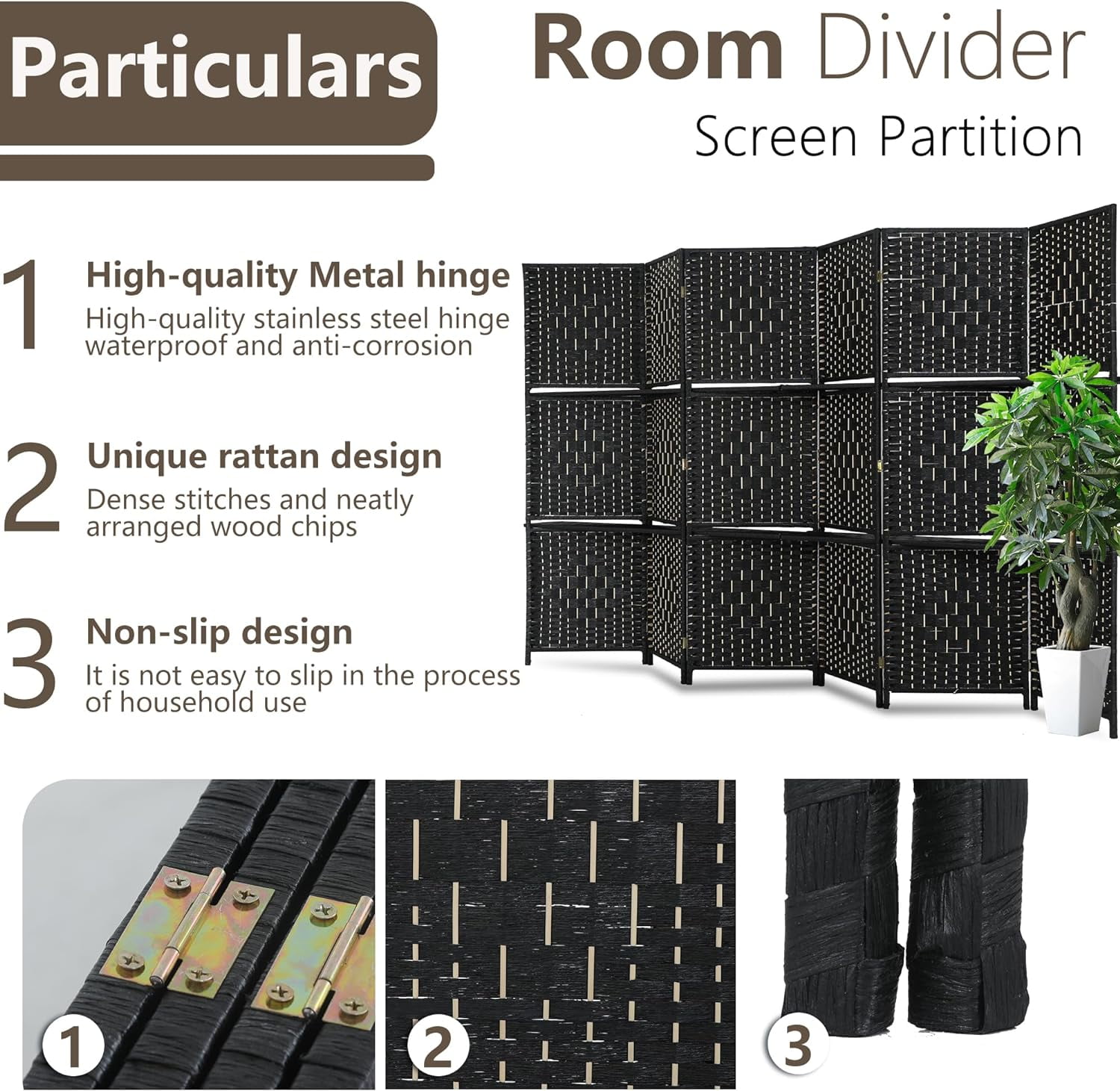 FDW 6 Panel Room Divider Wooden Portable Partition Screen Wood with Removable Storage Shelves Color, Black
