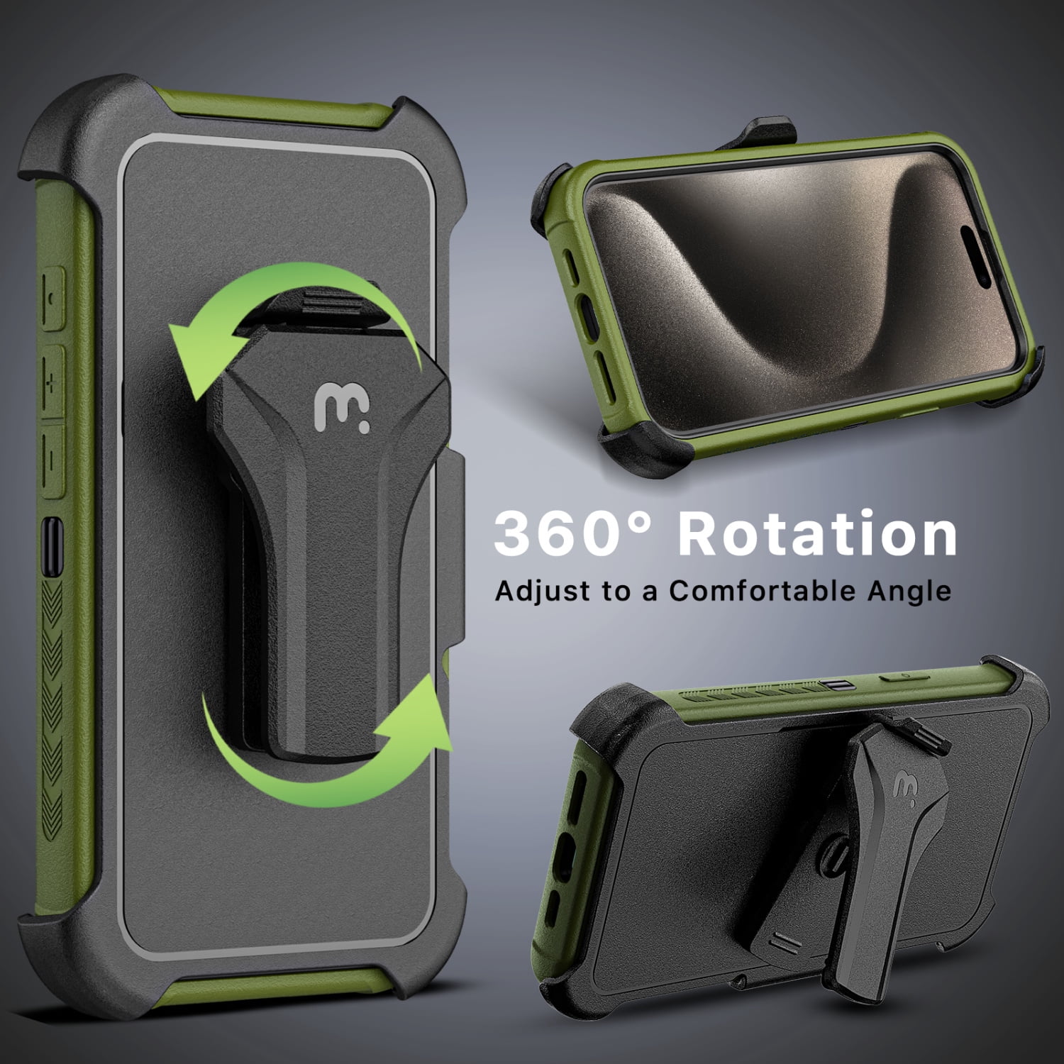 MYBAT PRO Maverick Series Case for iPhone 15 Pro Max , MagSafe Compatible, 360° Rotating Kickstand, Belt Clip Holster & Screen Protector Included, Anti-Drop Shockproof,Army Green