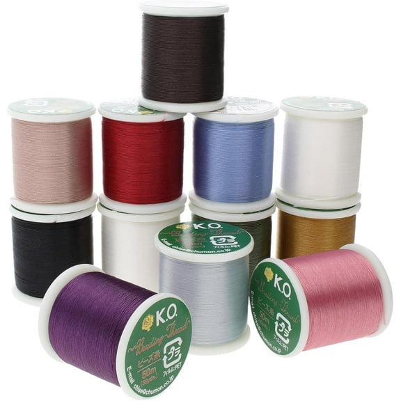 KO Thread, Nylon Beading Thread, 12-Piece Color Assortment, Japanese Pre-Waxed 100% Nylon, 330TEX, Tangle Resistant Knotting Cords, 50 meters, Use for seed bead projects, loom work and bead weaving