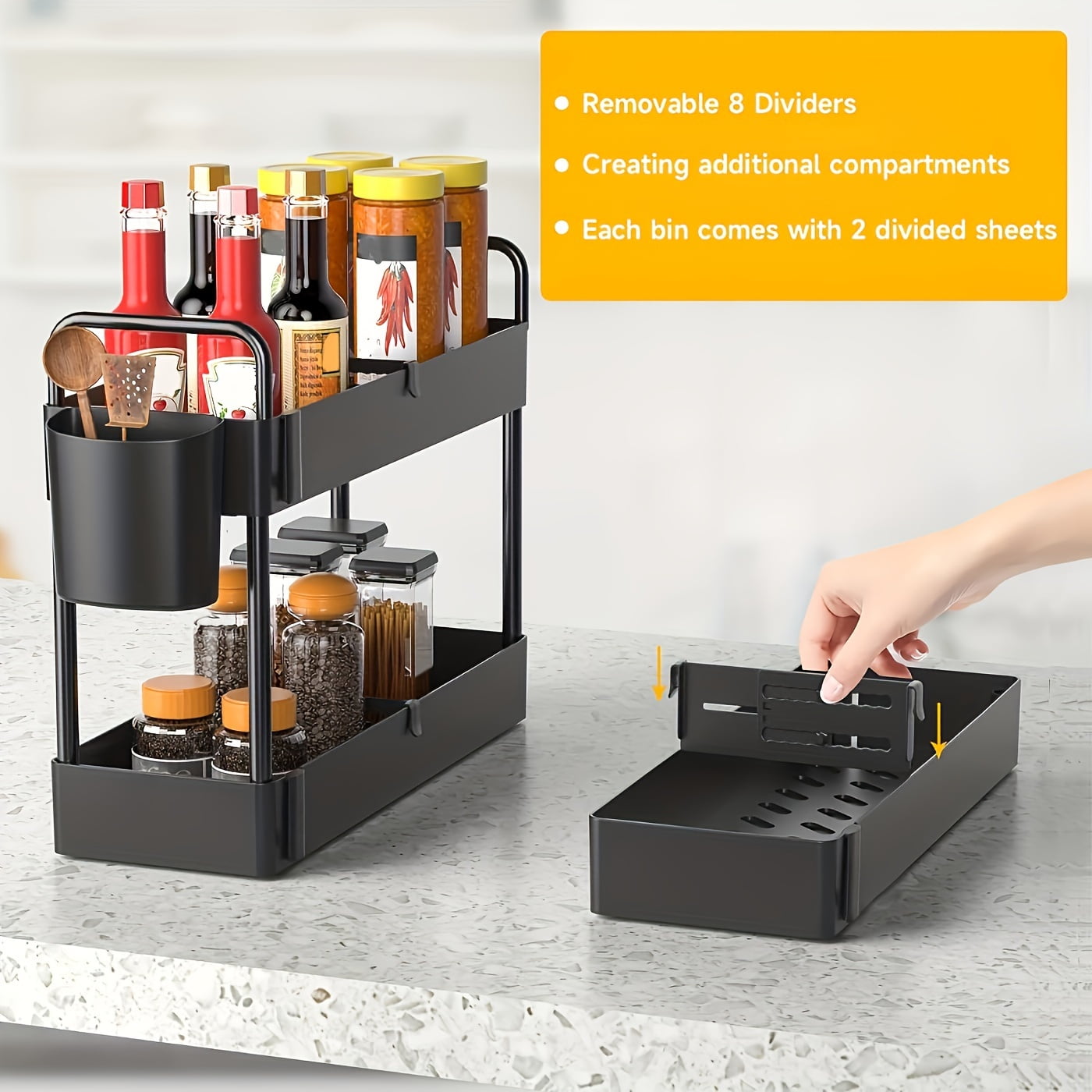 3-Pack Under Sink Storage Organizer, 2-Tier Multipurpose Shelf with Sliding Drawers, Cabinet Organizer for Kitchen and Bathroom, Black