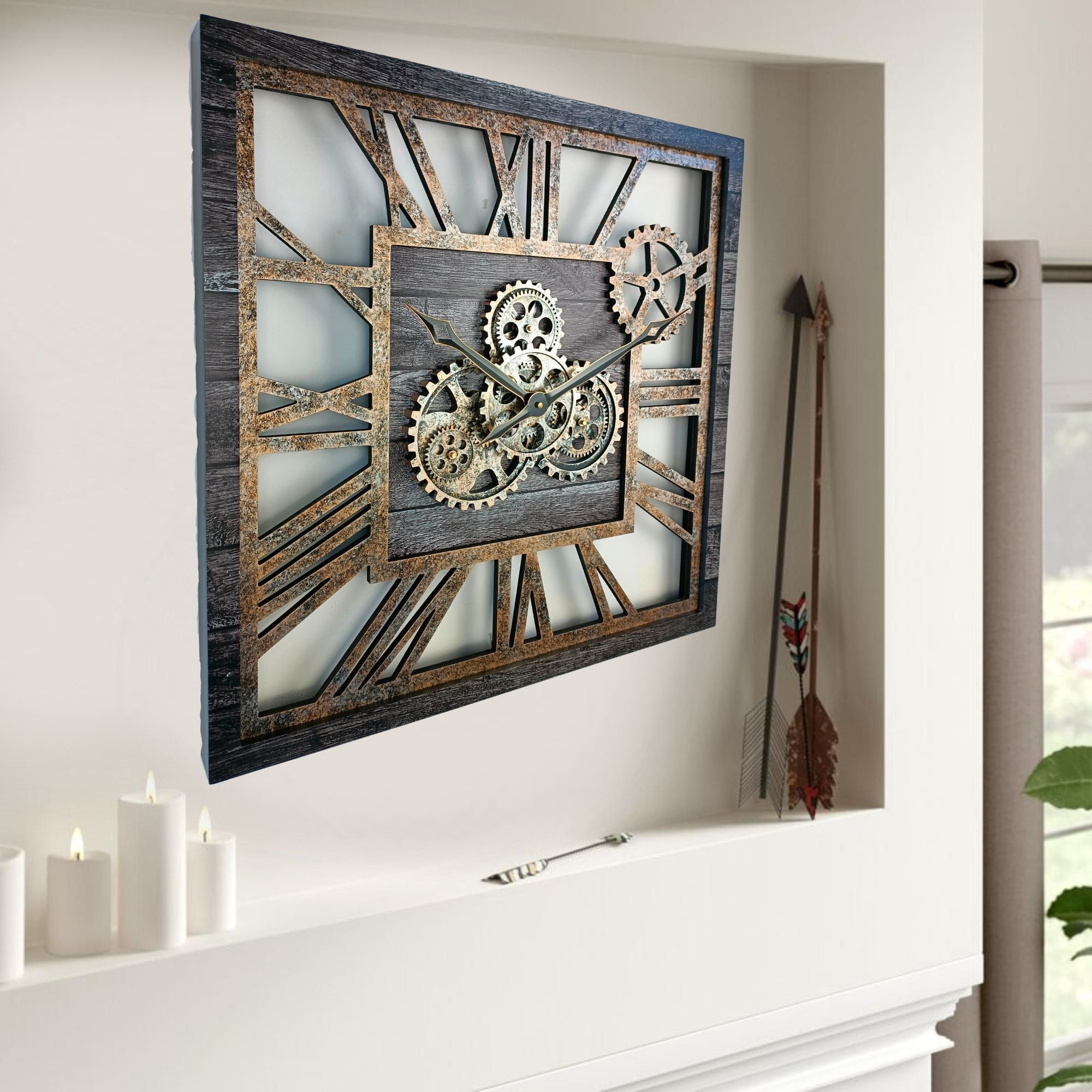 THE GEARS CLOCK Wall Clock with Real Moving Gears AM-LI_ 24 in Square Carbon-Grey