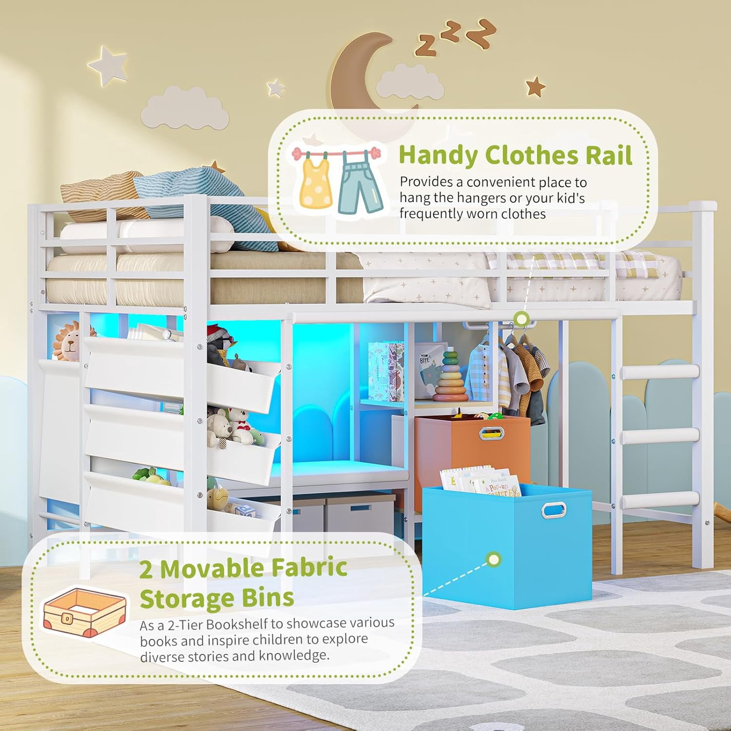 Mabor Twin Size Loft Bed with LED Lights & Reading Bench, Metal Loft Bed Frame with Bookshelf & Storage Basket & Stairs & Full-Length Guardrail for Bedroom, White