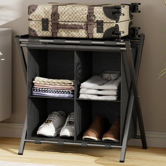 Luggage Rack for Guest Room, Folding Suitcase Stand with Fabric Storage Shelf, Luggage Holder, Steel Foldable Luggage Stand for Guest Room, Bedroom, Hotel, Black