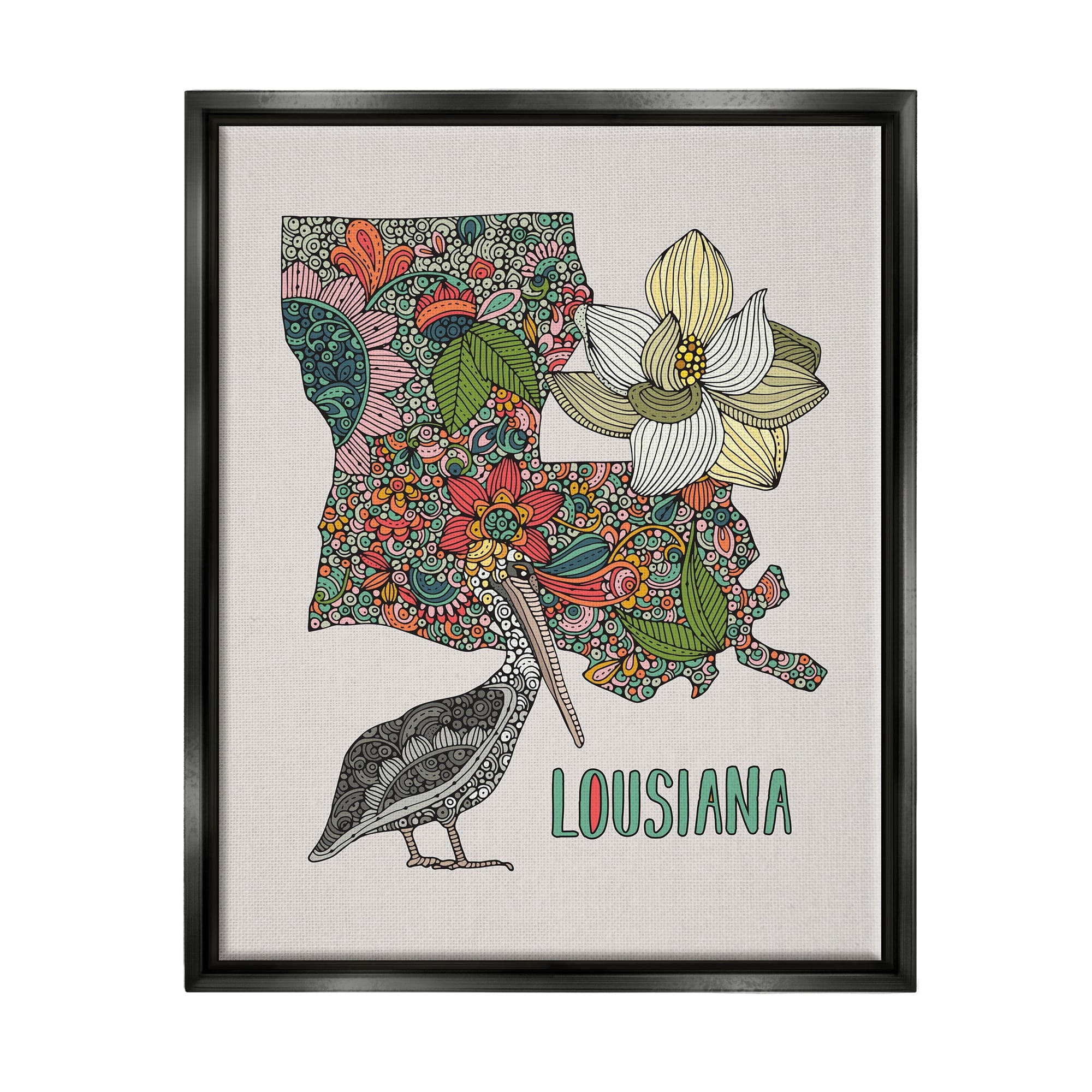 Stupell Industries Blooming Louisiana Magnolia State Pelican Intricate Patterns Graphic Art Jet Black Floating Framed Canvas Print Wall Art, Design by Valentina Harper
