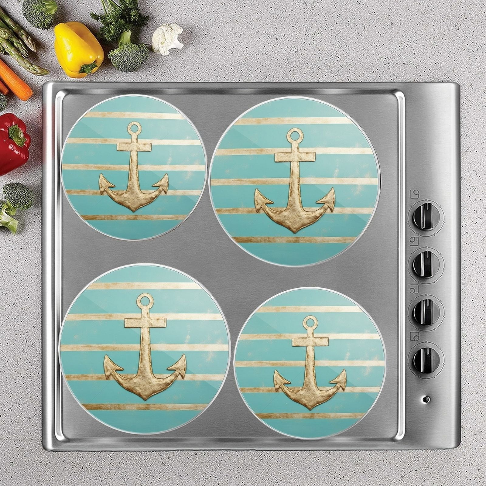 BaHomeck Electric Stove Burner Covers Set of 4,Round Metal Gas Stove Burner Covers 8 Inch and 10 Inch,Kitchen Decor,Vintage Nautical Anchor On Light Blue Striped Background