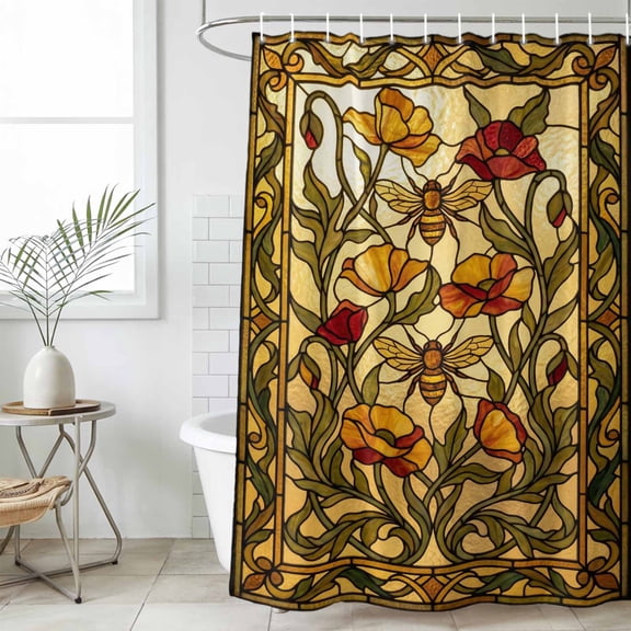 Vintage Bees Standard Shower Curtain Set, Waterproof Shower Curtains for Bathroom, Country Retro Animal Flowers Yellow Brown Washable Fabric Bath Curtain for Bathtub with Hooks 72x72 Inches