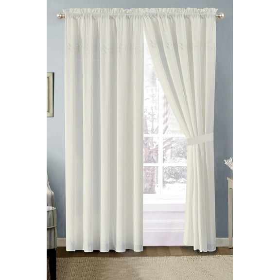 4-Pc Heart Diamond Spade Clover Floral Embroidery Curtain Set Off-White Valance Drape Sheer Liner
