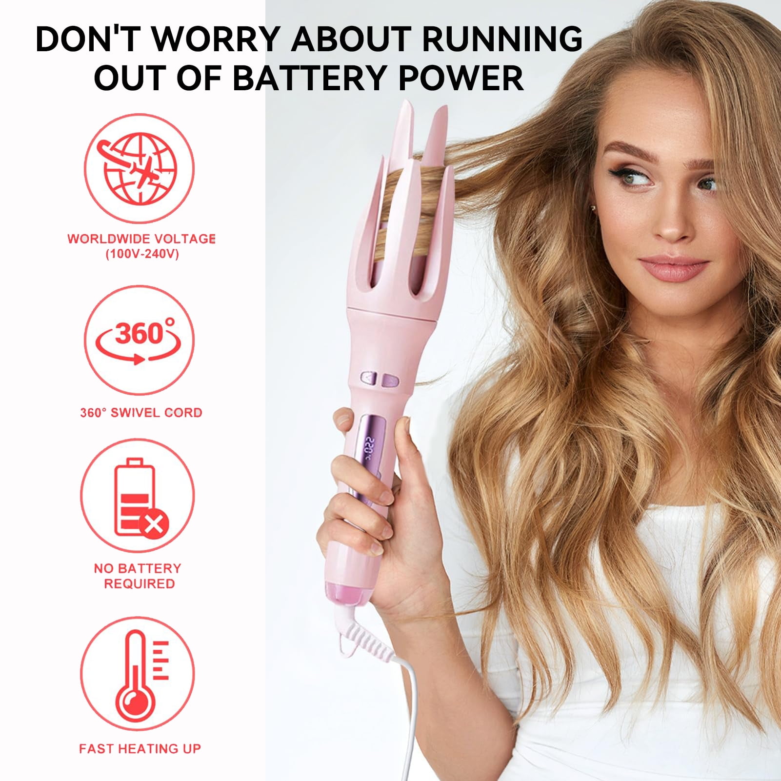 JUUTREN Automatic Curling Iron 1 Inch Hair Curler, Rotating Wand Curling Iron for Waves, Beach Curls & Hair Waver, Dual Voltage 110-240V, 4 Heat Settings 320℉-430℉, Hair Wand Auto Shut Off, Pink