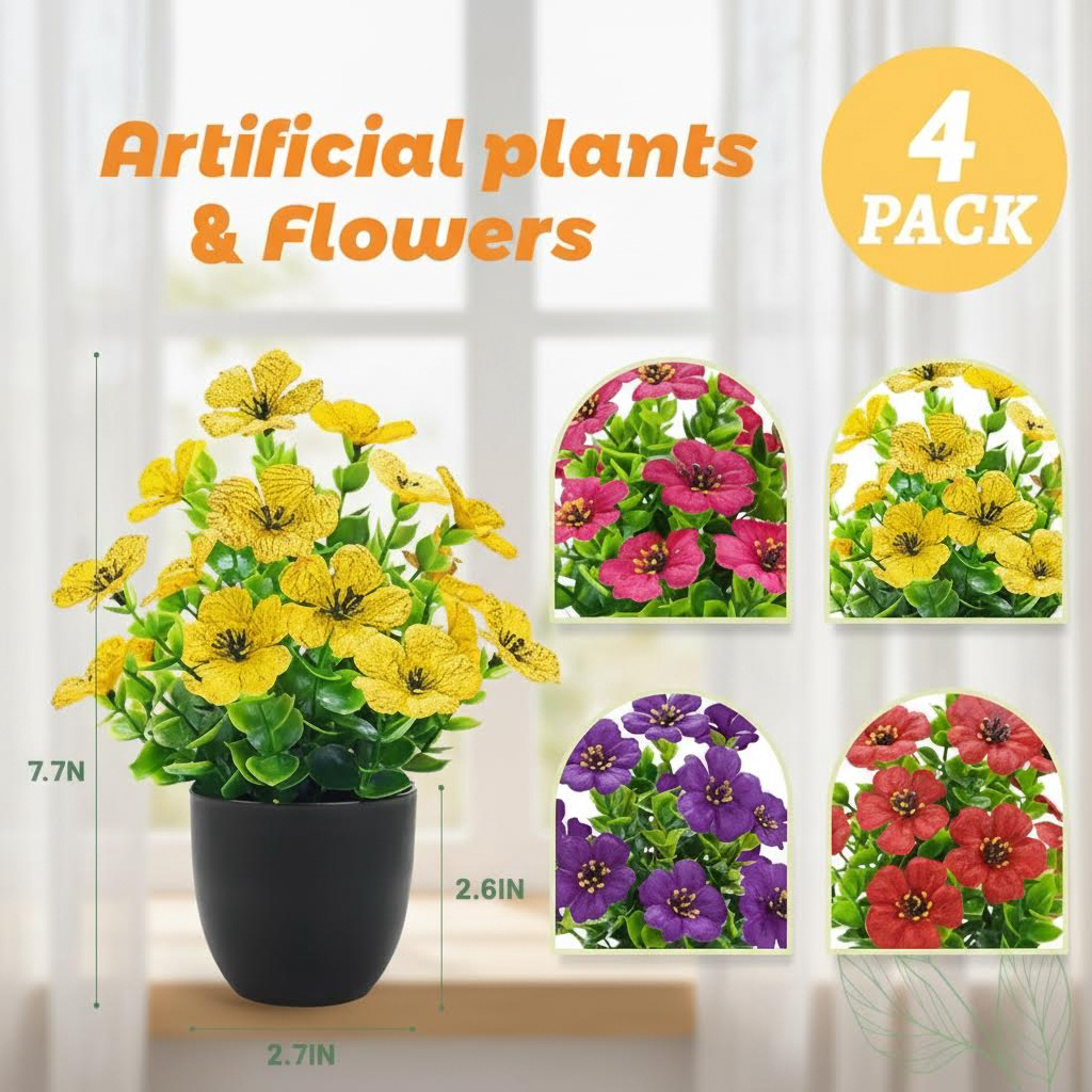 4 Pack Artificial Small Fake Plants Spring Flowers, Faux Indoor Plants for Home Office Desk Decor, Bathroom Accessories, Room Decorations