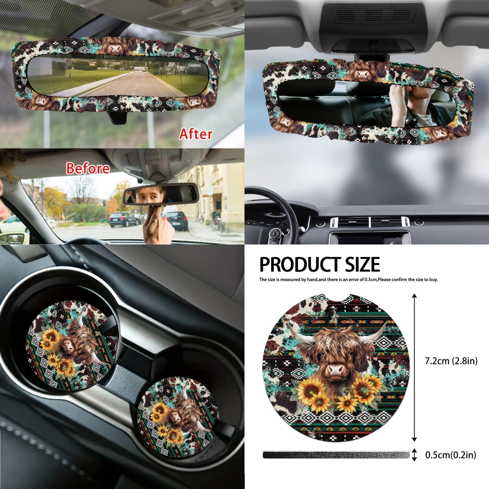Renewold American Tribal Highland Cow 14 PCS Car Seat Cover Full Set, with Steering Wheel Cover Auto Seatbelt Pads Coaster Trash Can Rear View Mirror Armrest Cover Coasters Gear Shift Knob Cover Set