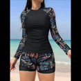 thumbnail image 4 of Traje de Baño de Dos Piezas con Camiseta y Pantalones Cortos de Larga para Mujer con Sujetador Incorporado Azul Naranja M, 4 of 10