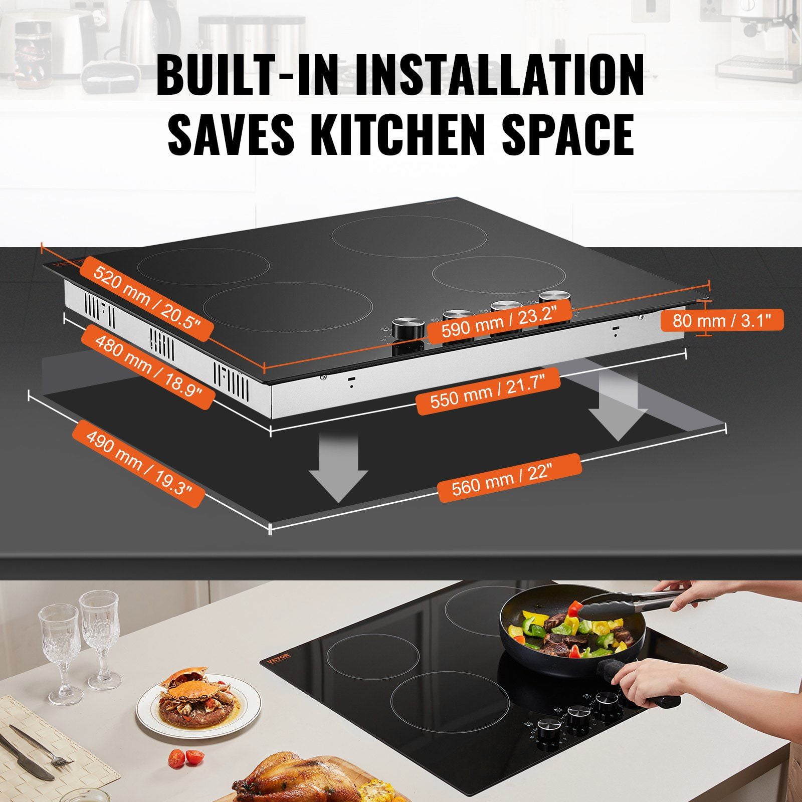 4-Burner Built-in Radiant Ceramic Electric Cooktop, 23.2 x 20.5 Inches, Black Glass Surface