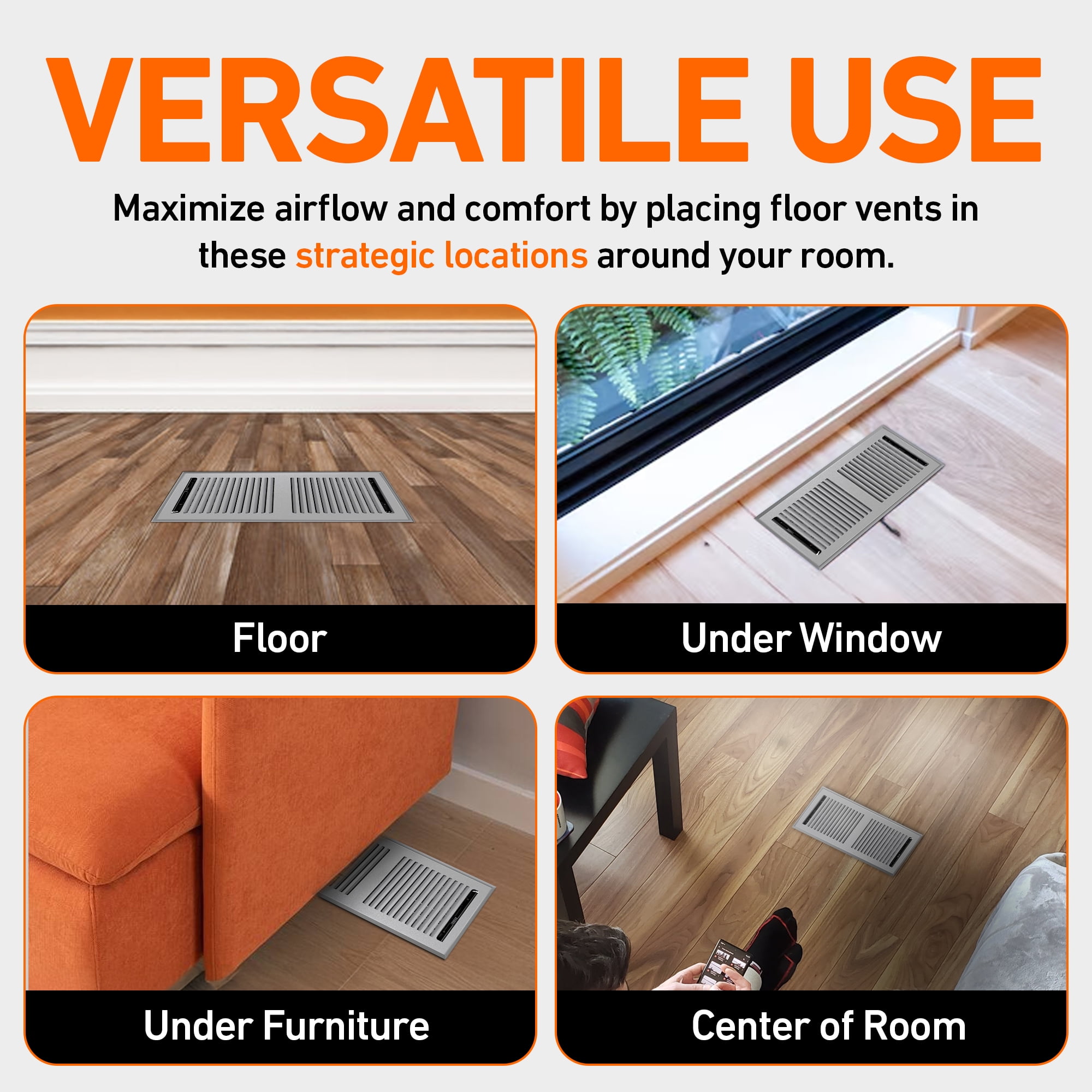 2X10 Floor Vent Covers Floor Register with Mesh Cover Trap, Heat and Air, Walkable Metal Floor Register for HVAC Duct, Contemporary, Light Grey