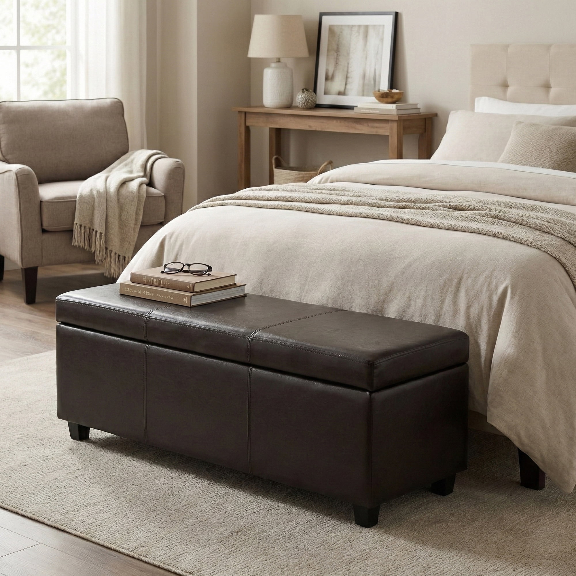 Avalon 48 inch Wide Contemporary Storage Ottoman Bench in Tanners Brown Vegan Leather
