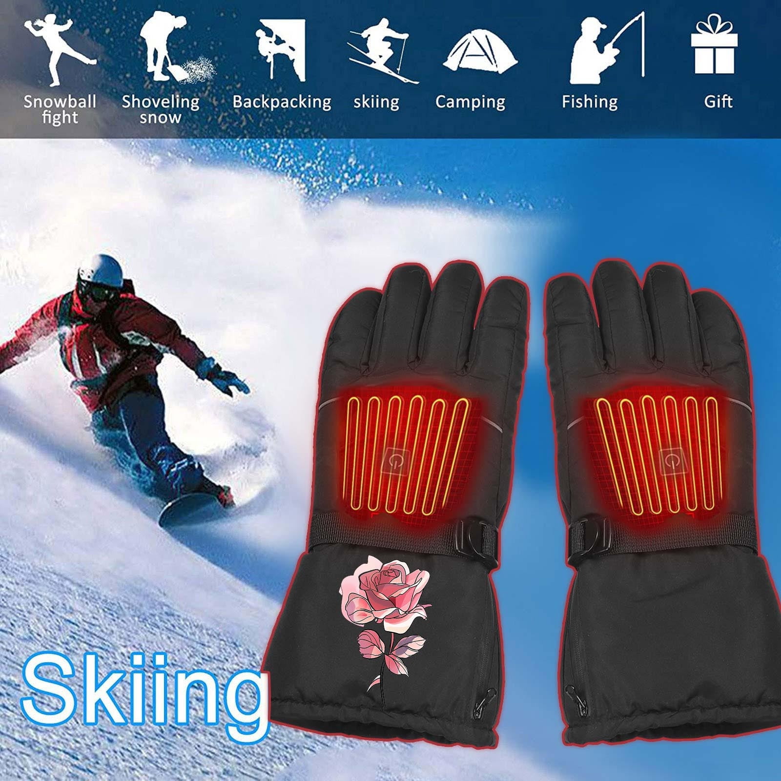 Xfvqtps Mens and Womens USB Heated Gloves 3Rd Gear Temperature Regulation Full Finger Adjustable Buckle Cute Print Waterproof Warm for Cold Weather Winter Skiing Mittens Black