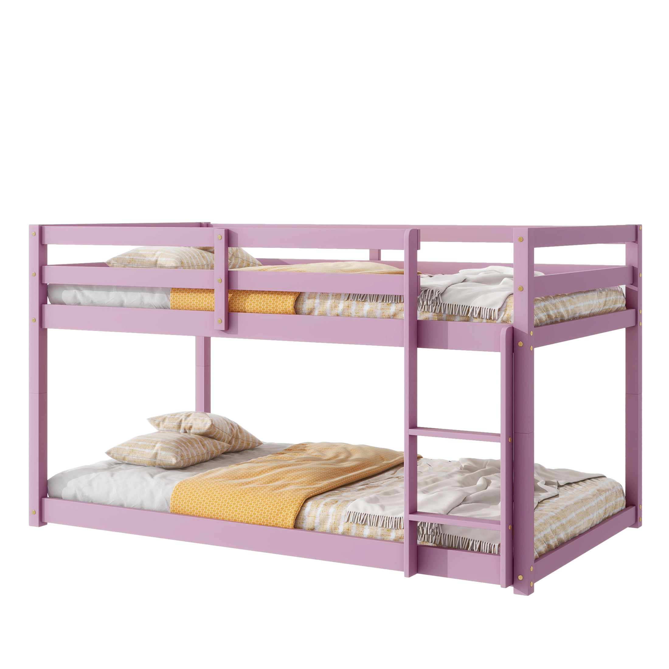 Noble House Alina Twin Over Twin Floor Bunk Bed with Ladder, Solid Rubber Wood Frame with Strengthened Slats, Pink