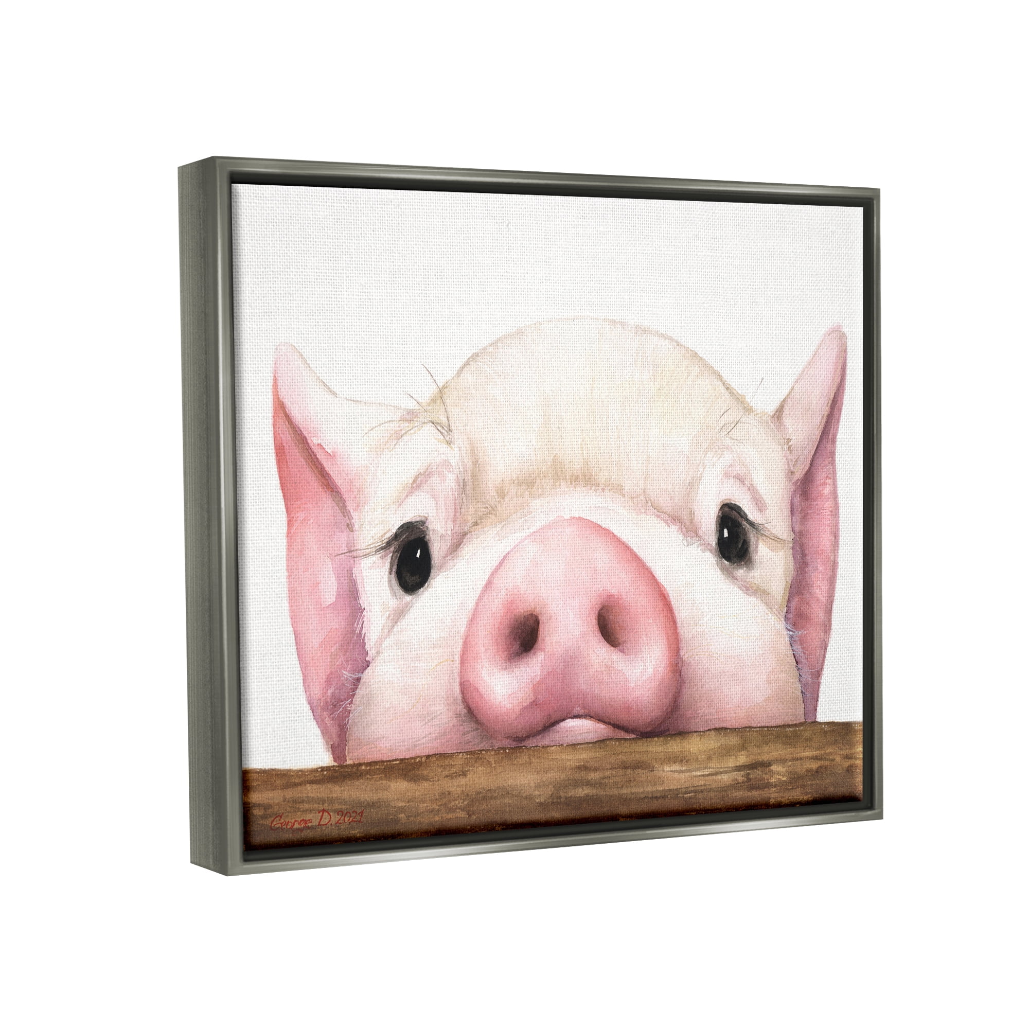 Stupell Industries Sweet Pink Pig Resting Snout Farm Animal Illustration Painting Luster Gray Floating Framed Canvas Print Wall Art, Design by George Dyachenko