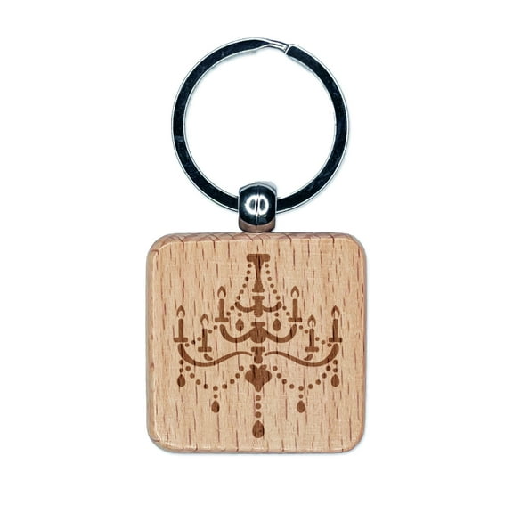 Elegant Candle Chandelier Square Keychain Charm Tag - Engraved Wood