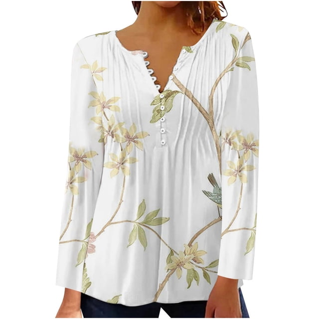 ICHUANYI Clearance Women Fashion Summer Sexy Fold Printed Regular Women Long Sleeves V Neck Button(Yellow, XL) ICHUANYI WER2023081202620